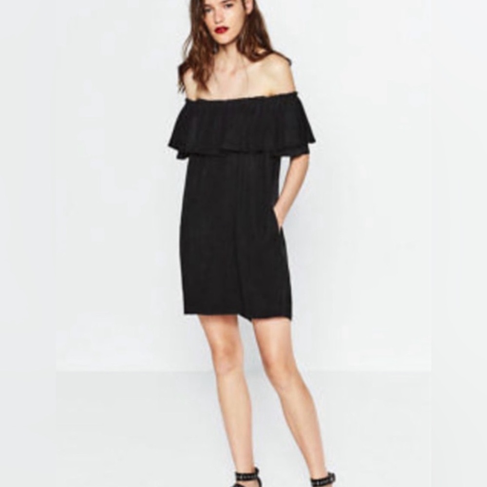Zara Premium Denim Collection Black Ruffle Off Shoulder Lyocell Dress XS